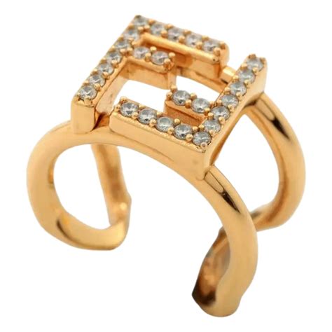 Fendi FF Anello Gold and Crystal Embellished Ring Large.